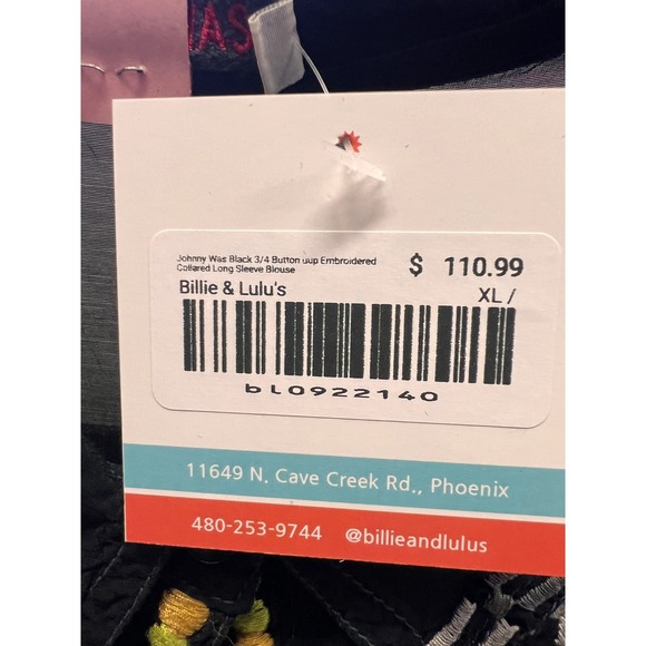 Johnny Was Black 3/4 Button uup Embroidered Collared Long Sleeve Blouse - Picture 3 of 3